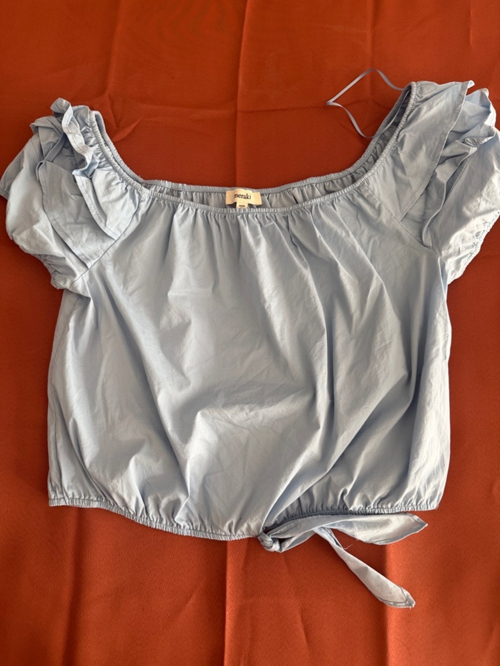 meraki Sky Blue Off-Shoulder Tie-Waist Crop Top